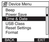 OLYMPUS DS-2800 - Press the + or - button in the [Device Menu] screen, then select [Time &amp; Date]. - 1
