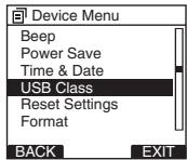 OLYMPUS DS-2800 - Select [USB Class] at the [Device Menu] screen, then press the OK/MENU or ▶▶▶I button. - 1