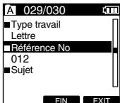 OLYMPUS DS-3400 - Appuyez sur la touche + ou - sur l'écran de saisie des informations de fichier pour sélectionner l'élément optionnel cible, puis appuyez sur la touche PLAY/OK. - 1