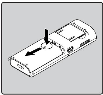 OLYMPUS VN-713PC - Lightly press down on the arrow and slide the battery cover open. - 1