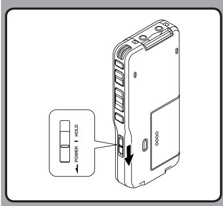 OLYMPUS DS-2500,  DS 2500 - Slide the POWER/HOLD switch to the direction of the arrow, and hold it for 0.5 seconds or longer. - 1