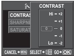CONTRAST HI = +2 - +1 0 - 0 - -1 Lo = -2 CANCEL → MENU SELECT → GO → OK