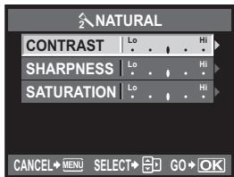 NATURAL CONTRAST Lo Hi SHARPNESS Lo Hi SATURATION Lo Hi CANCEL→ MENU SELECT→ Go OK