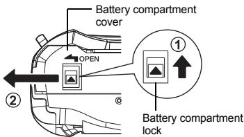 Battery compartment cover OPEN Battery compartment lock ①