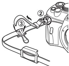 Diagram showing a camera cable connection with numbered parts and directional arrow indicating rotation or adjustment.