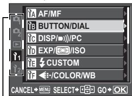 AF/MF BUTTON/DIAL DISP/PC EXP/ISO CUSTOM - /COLOR/WB CANCEL→MENI SELECT→D GO→OK