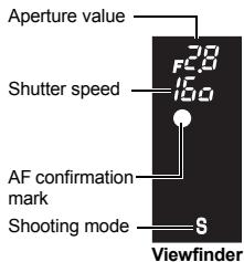 Aperture value F20 Shutter speed 1.0 AF confirmation mark Shooting mode S Viewfinder