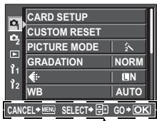 CARD SETUP CUSTOM RESET PICTURE MODE GRADATION NORM WB AUTO CANCEL MENU SELECT GO OK