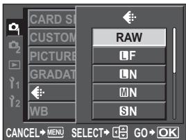 CARD CUSTOM PICTURE GRADAT WB RAW LF LN MN SN CANCEL→MENU SELECT→GO→OK