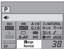 P ISO WB A ± 0 ↘ NATURAL AUTO AUTO G ± 0 Ⓧ ± 0 Ⓧ ± 0 AUTO □ 📄 RGB ± 0 ✓ S-AF [m] OFF sRGB ± 0.0 CF Large Normal 38