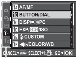 AF/MF BUTTON/DIAL DISP/□//PC EXP/□/ISO CUSTOM COLOR/WB CANCEL→MENU SELECT→GO→OK