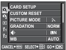 CARD SETUP CUSTOM RESET PICTURE MODE GRADATION NORM WB AUTO CANCEL→MENU SELECT→GO→OK