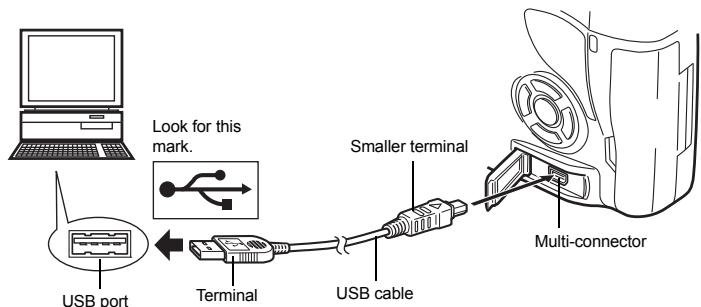 Look for this mark. USB port Terminal Smaller terminal USB cable Multi-connector