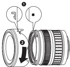 Diagram of a camera lens assembly with numbered parts and directional arrows indicating parts of the lens.