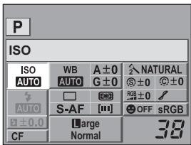 P ISO ISO WB A ± 0 ↘ NATURAL AUTO AUTO G ± 0 S ± 0 ↕ ± 0 AUTO □ 📄 RGB ± 0 / S-AF [1] OFF sRGB 9 ± 0.0 Large CF Normal 38