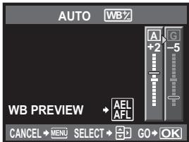 AUTO WB2 A G +2 -5 WB PREVIEW + AEL AFL CANCEL → MENU SELECT → GO→ OK