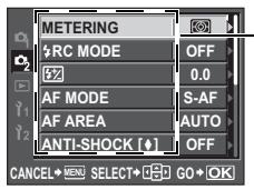 METERING RC MODE OFF 0.0 AF MODE S-AF AF AREA AUTO ANTI-SHOCK [♦] OFF CANCEL→MEN→SELECT→GO→OK