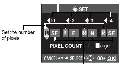 SET Set the number of pixels. L SF M F S N S SF PIXEL COUNT : Large CANCEL→MENU SELECT GO OK