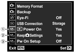 Memory Format Backup Eye-Fi Off USB Connection Storage Power On Yes Keep Settings Yes Pw On Setup Off Exit MENU Set OK