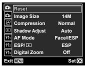 Reset Image Size 14M Compression Normal Shadow Adjust Auto AF Mode Face/iESP ESP/ ESP Digital Zoom Off Exit MENU Set OK