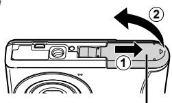 OLYMPUS T-100 - Inserting the battery and the SD/SDHC memory card (sold separately) - 1