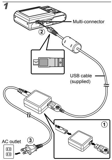 OLYMPUS T-100 - Charging the battery with the supplied USB-AC adapter - 1