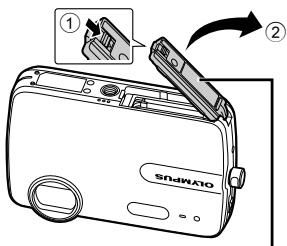 OLYMPUS Μ-550WP - Loading the battery and the xD-Picture Card™ (sold separately) into the camera - 1