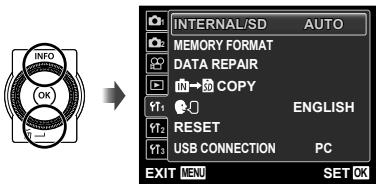 INFO OK INTERNAL/SD AUTO MEMORY FORMAT DATA REPAIR IN → SD COPY Y11 ENGLISH Y12 RESET Y13 USB CONNECTION PC EXIT MEN SET OK