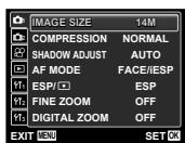 IMAGE SIZE 14M COMPRESSION NORMAL SHADOW ADJUST AUTO AF MODE FACE/IESP ESP ESP FINE ZOOM OFF DIGITAL ZOOM OFF EXIT VENU SET OK