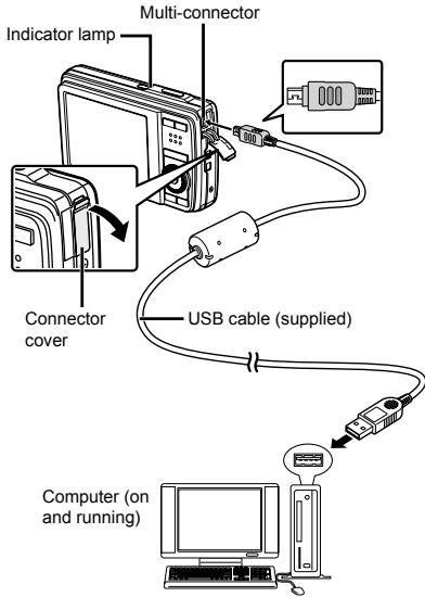 Multi-connector Indicator lamp Connector cover USB cable (supplied) Computer (on and running)