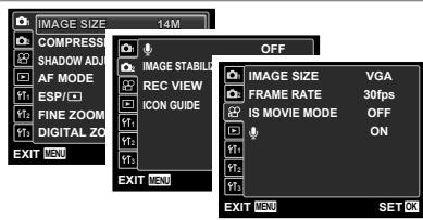 IMAGE SIZE 14M COMPRESS SHADOW ADJ AF MODE Y1: ESP/√ FINE ZOOM Y1: DIGITAL ZO EXIT MENU OFF IMAGE STABILU REC VIEW ICON GUIDE Y1: Y1 EXIT MENU IMAGE SIZE VGA FRAME RATE 30fps IS MOVIE MODE OFF ON Y1: Y1 Y1: Y1 EXIT MENU SET OK
