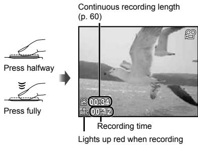 Continuous recording length (p. 60) Press halfway Press fully Recording time Lights up red when recording