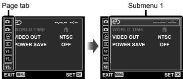Page tab WORLD TIME ↑ VIDEO OUT NTSC POWER SAVE OFF EXIT SET Submenu 1 WORLD TIME ↑ VIDEO OUT NTSC POWER SAVE OFF EXIT SET