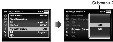 OLYMPUS TG-820 - Use △▽ to select the desired submenu 1 and then press the Ⓞ button. - 1