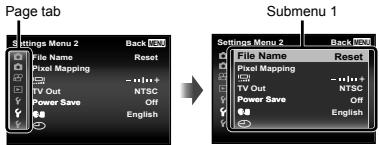 OLYMPUS TG-820 - Press ◀ to select the page tabs. Use △▽ to select the desired page tab and press ▷. - 1