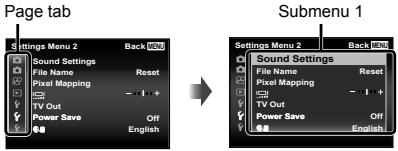 OLYMPUS TG-830 - Press ◀ to select the page tabs. Use △▽ to select the desired page tab and press ▷. - 1