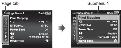 OLYMPUS VH-410 - Press ◀ to select the page tabs. Use △▽ to select the desired page tab and press ▷. - 1