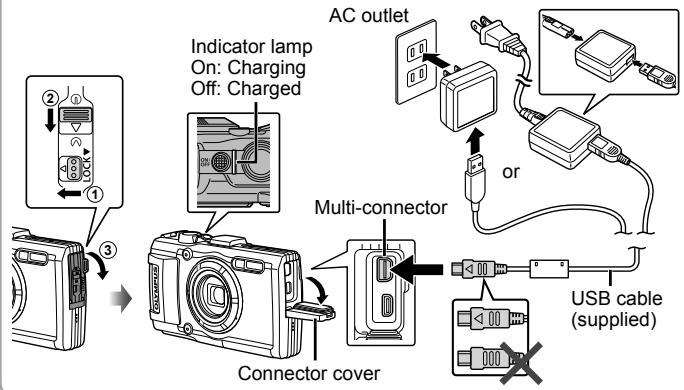 OLYMPUS TG-3 - Check that the battery is in the camera, and connect the USB cable and USB-AC adapter. - 1