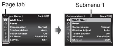 OLYMPUS STYLUS SH-2 - Press ◀ (arrow pad) to select the page tabs. Use △▽ (arrow pad) to select the desired page tab and press ▷. - 1