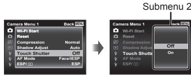 OLYMPUS STYLUS SH-2 - Use  (arrow pad) to select the desired submenu 1 and then press the Ⓞ button. - 1