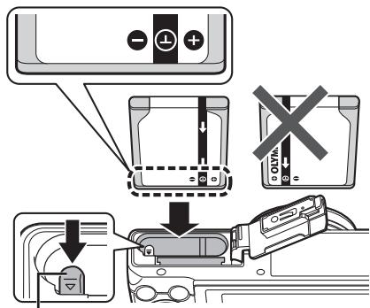 OLYMPUS STYLUS SH-2 - Insert the battery while sliding the battery lock knob in the direction of the arrow. - 1