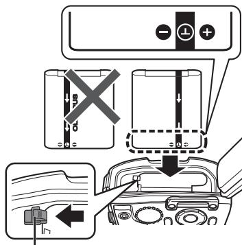 OLYMPUS TG-860, TG-860 - Insert the battery while sliding the battery lock knob in the direction of the arrow. - 1