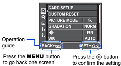 CARD SETUP CUSTOM RESET PICTURE MODE GRADATION NORM WB AUTO Operation guide BACK→MENU SET→OK Press the MENU button to go back one screen Press the ⏻ button to confirm the setting