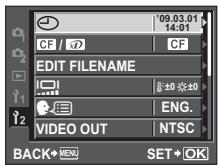 09.03.01 14:01 CF / 12 CF EDIT FILENAME ±0 ±10 ENG. VIDEO OUT NTSC BACK+ MENU SET+ OK