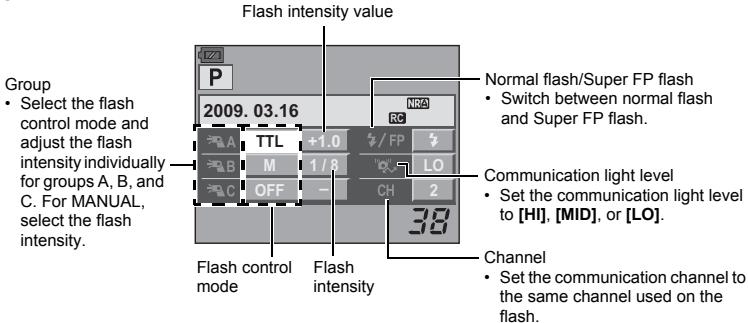 Flash intensity value Group • Select the flash control mode and adjust the flash intensity individually for groups A, B, and C. For MANUAL, select the flash intensity. 2009. 03.16 Normal flash/Super FP flash • Switch between normal flash and Super FP flash. Communication light level • Set the communication light level to [HI], [MID], or [LO]. Channel • Set the communication channel to the same channel used on the flash.