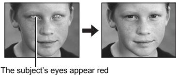 The subject's eyes appear red