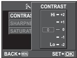 CONTRAST HI = +2 = +1 0 - 0 = -1 Lo = -2 BACK→MENU SET→OK