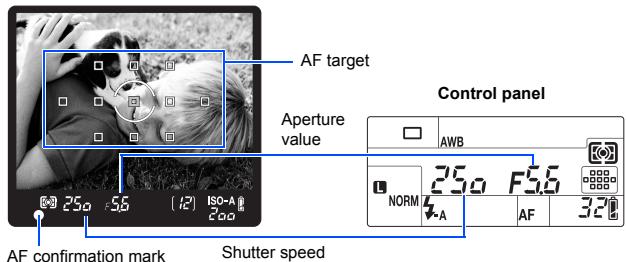 AF target Control panel Aperture value AWB NORM 250 F5.6 AF 320 AF confirmation mark Shutter speed