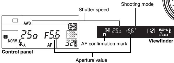 AWB 250 F5.6 NORM 4-A AF 32° Control panel Shutter speed Shooting mode AF confirmation mark Viewfinder [12] ISO-A 200 Aperture value