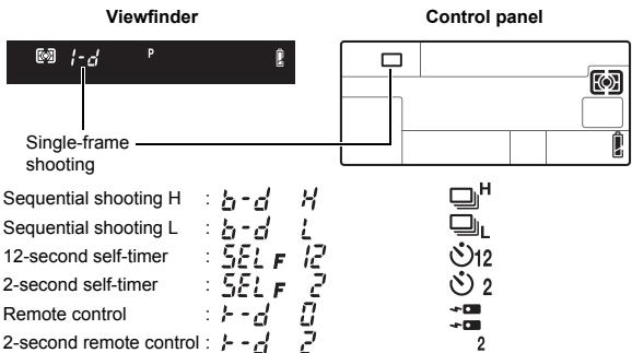 Viewfinder P Single-frame shooting Control panel Sequential shooting H : b - d H Sequential shooting L : b - d L 12-second self-timer : SEL F 12 2-second self-timer : SEL F 2 Remote control : r - d 0 2-second remote control : r - d 2